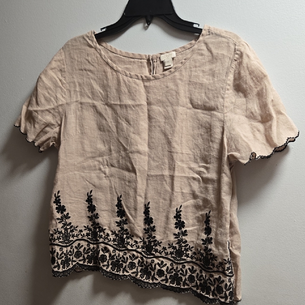 J. Crew Beige and Black Floral Embroidered Blouse